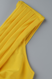 Macacão reto amarelo casual patchwork sólido decote em v