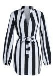 レッド ファッション カジュアル ストライプ プリント バンデージ パッチワーク ベルト V ネック ストレート ドレス
