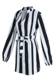 ブラウン ファッション カジュアル ストライプ プリント バンデージ パッチワーク ベルト V ネック ストレート ドレス