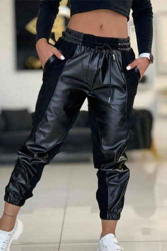 Pantalon taille haute décontracté uni patchwork noir