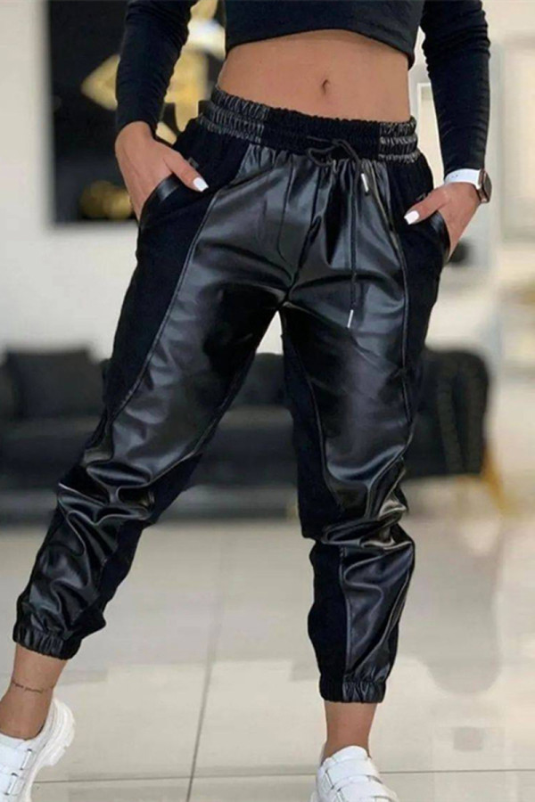 Zwarte casual effen patchwork normale broek met hoge taille