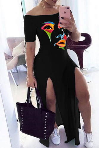 Black Sexy Casual Print Slit Off the Shoulder Long Dress