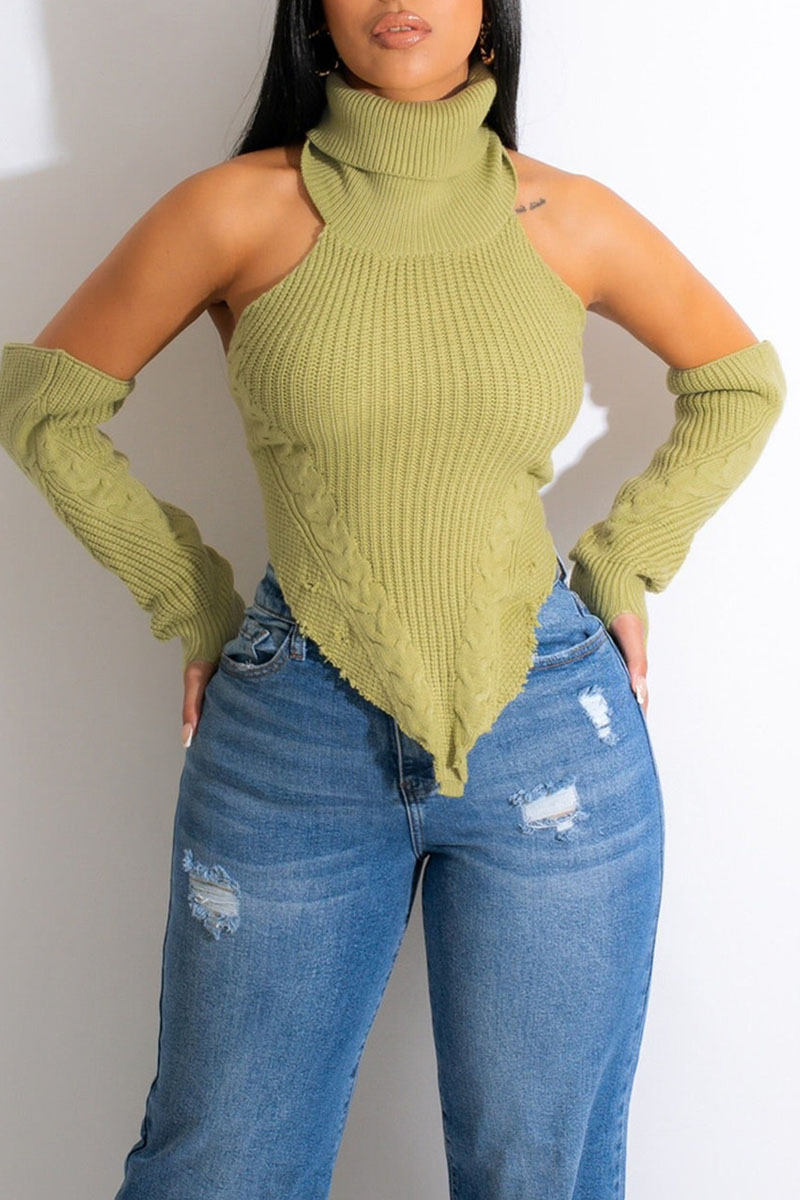 

Light Green Sexy Solid Patchwork Asymmetrical Turtleneck Tops(With Sleeves)