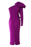 Purple Sexy Casual Solid Patchwork Flounce Oblique Collar Long Sleeve Dresses