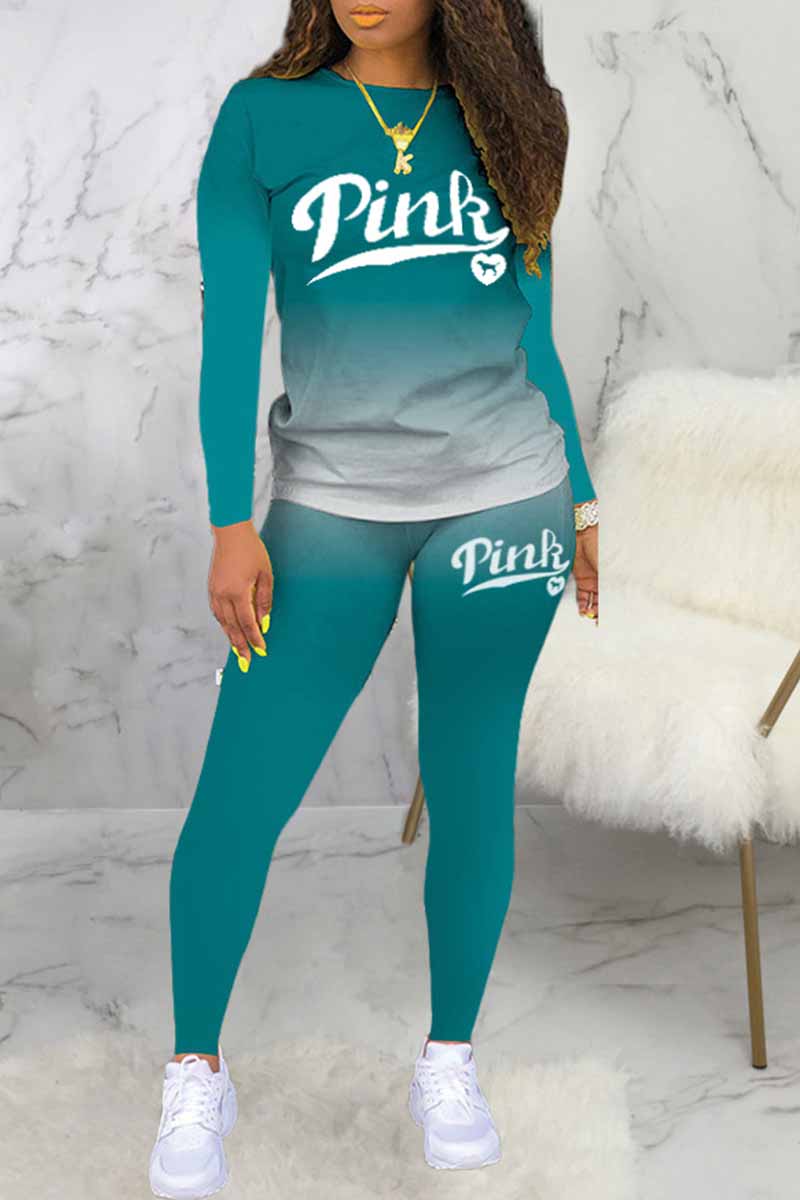 

Lake Green Casual Gradual Change Print Letter O Neck Long Sleeve Two Pieces