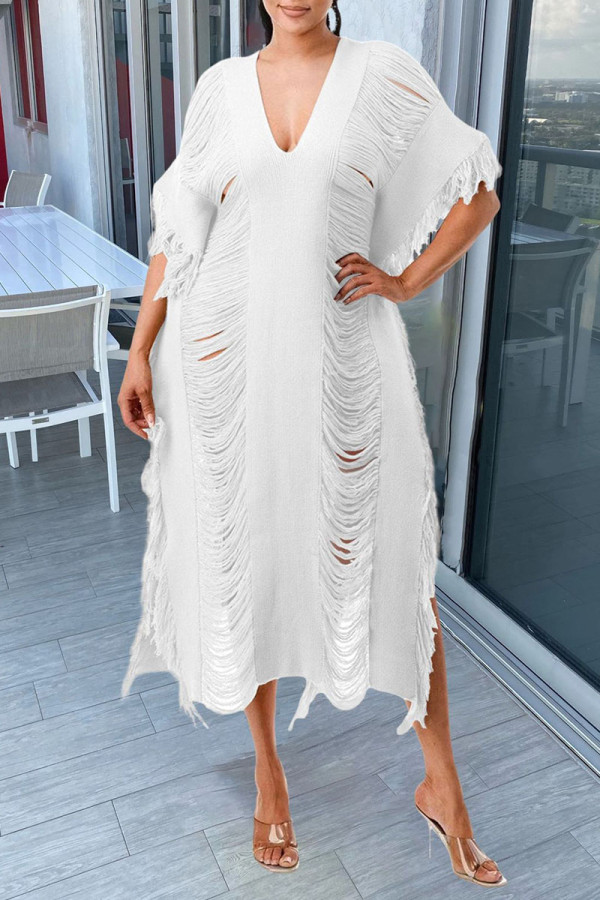 White Sexy Solid Tassel Hollowed Out Patchwork V Neck Beach Dress Dresses