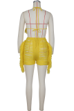 Yellow Sexy Solid Tassel Patchwork Halter Sleeveless Two Pieces