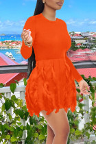 オレンジ カジュアル ソリッド タッセル パッチワーク Oネック ワンステップ スカート ドレス