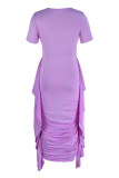 Purple Fashion Solid Flounce Fold O Neck Pencil Skirt Dresses