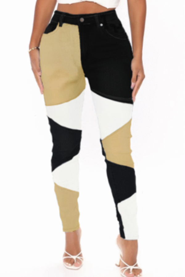 Jeans de mezclilla pitillo de cintura media con patchwork casual color caqui