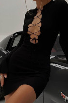 Vestidos de falda de lápiz con cuello en V de patchwork de vendaje sólido sexy negro