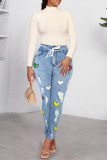 Babyblauwe casual gescheurde patchwork skinny jeans met hoge taille en print