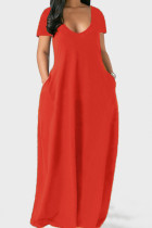 Rose Red Casual Solid Patchwork Tasche V-Ausschnitt Kurzarm Kleid Kleider