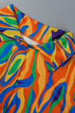 オレンジ ファッション カジュアル プリント パッチワーク ターンダウン カラー レギュラー ロンパース