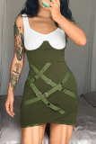 Groene sexy effen patchwork jurken met vierkante kraag