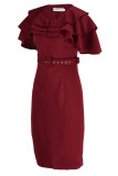 Vestidos de falda de un paso con cuello redondo y volantes de retazos sólidos elegantes informales de rosa roja
