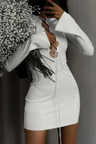 ホワイト セクシー ソリッド バンデージ パッチワーク V ネック ペンシル スカート ドレス