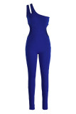 Koningsblauwe sexy casual effen uitgeholde rugloze skinny jumpsuits met één schouder