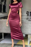 Burgundy Sexy Solid Hollowed Out Patchwork Backless O Neck One Step Skirt Dresses
