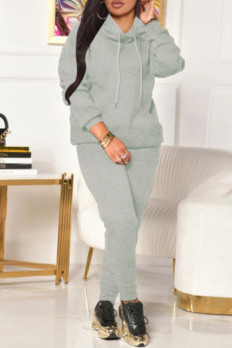 Grey Casual Solid Patchwork Hooded Collar Long Sleeve Two Pieces