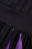 紫のセクシーなストライプ プリント パッチワーク O ネック A ライン ドレス