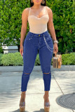 Mittelblaue, lässige, solide, zerrissene Patchwork-Ketten mit hoher Taille und dünner Denim-Jeans