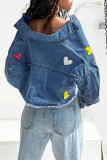Tiefblaue, lässig bedruckte Patchwork-Strickjacke mit Turndown-Kragen und langen Ärmeln, normale Jeansjacke