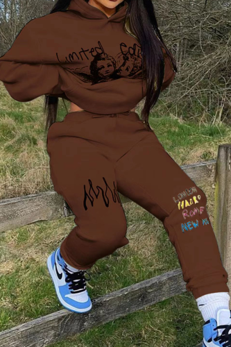 Dark Brown Street Print Patchwork Hooded Collar Long Sleeve Two Pieces