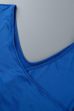 Azul Casual Sólido Patchwork Doblar Cuello en V Una línea Vestidos de talla grande