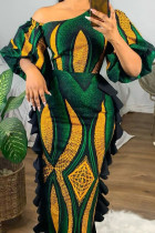 Зеленые элегантные платья в стиле пэчворк с принтом и косым воротником