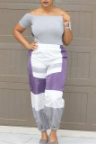 Pantalon Grande Taille Violet Casual Patchwork Contraste