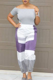 Purple Casual Patchwork Contrast Plus Size Trousers