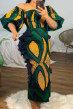 Groene elegante print patchwork stringy zelfkant schuine kraag jurken