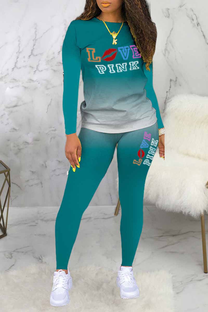 

Lake Green Casual Gradual Change Print Letter O Neck Long Sleeve Two Pieces