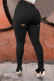 Zwarte casual skinny jeans met gescheurde luipaardprint en hoge taille