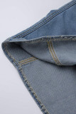 Blue cardigan asymmetrical Solid Patchwork The cowboy Pure Short Sleeve Denim jacket