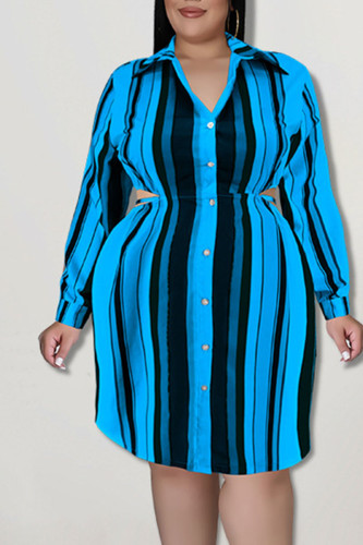 Royal Blue Casual Striped Print Hollowed Out Patchwork Buckle Turndown Collar Shirt Dress Plus Size Dresses