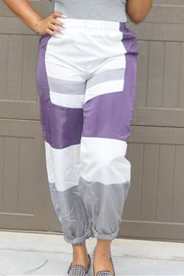 Pantaloni viola casual patchwork a contrasto taglie forti