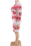 Мандариновый красный сексуальный принт выдалбливают лоскутное платье с круглым вырезом юбка-карандаш платья