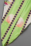 Verde moda casual estampa básica gola aberta manga longa duas peças