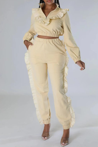 Khaki Casual Solid Patchwork Zipper Collar Long Sleeve Two Pieces