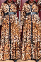 Marrone casual stampa leopardo patchwork con cintura colletto turndown abiti manica lunga