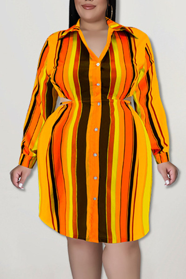 Mandarinröd Casual randigt tryck urholkat lapptäcke Spänne turndown krage skjorta klänning Plus size klänningar