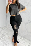 Zwarte casual skinny jeans met gescheurde luipaardprint en hoge taille