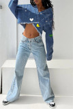 Tiefblaue, lässig bedruckte Patchwork-Strickjacke mit Turndown-Kragen und langen Ärmeln, normale Jeansjacke