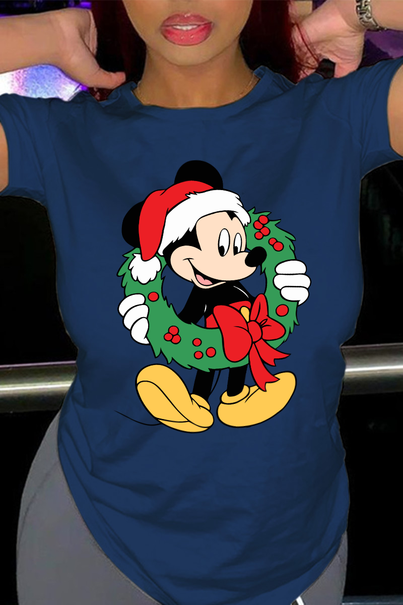 

Navy Blue Casual Cute Character Patchwork O Neck T-Shirts