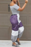Purple Casual Patchwork Contrast Plus Size Trousers