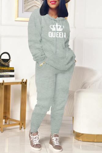 Grey Casual Print Patchwork Hooded Collar Long Sleeve Two Pieces