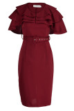 Vestidos de saia de um passo casuais elegantes de patchwork sólido com babados e decote rosa vermelho