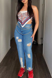 Baby Blue Casual Solid Ripped Patchwork Chains High Waist Skinny Denim Jeans